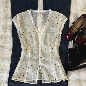 Polka Dot Lace Trim Button Down Blouse